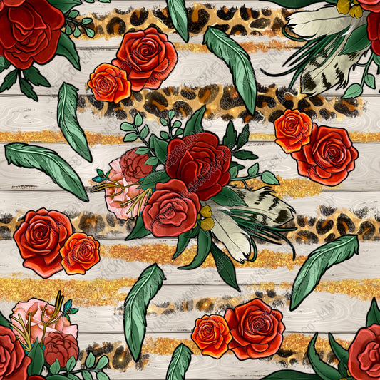 Western Roses And Feathers With Leopard - Vinyl Or Waterslide Seamless Wrap