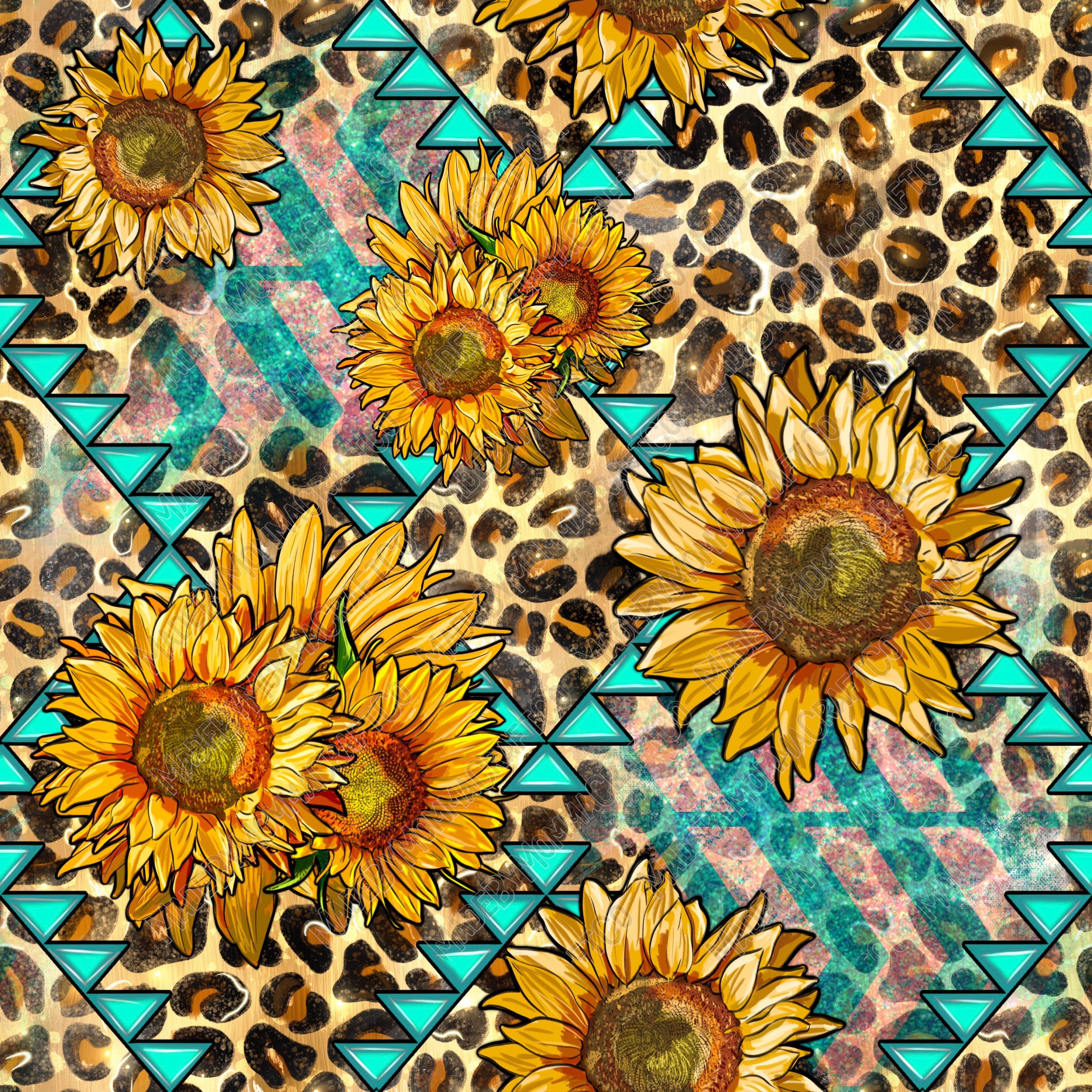 Western Sunflowers And Leopard With Aztec - Vinyl Or Waterslide Seamless Wrap