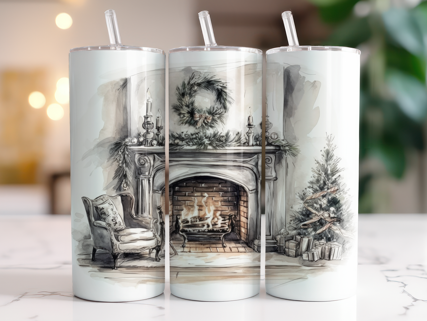 White Christmas Fireplace - Sublimation or Waterslide Wrap - 20oz and 30oz