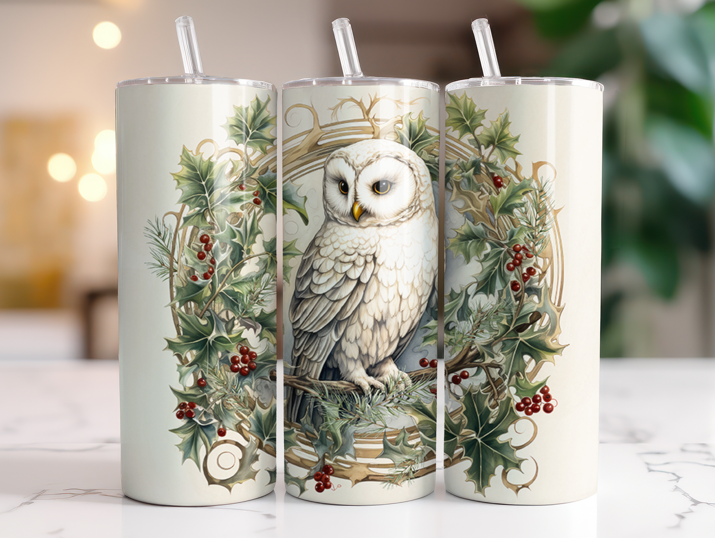 White Owl Christmas Wreath - Sublimation or Waterslide Wrap - 20oz and 30oz