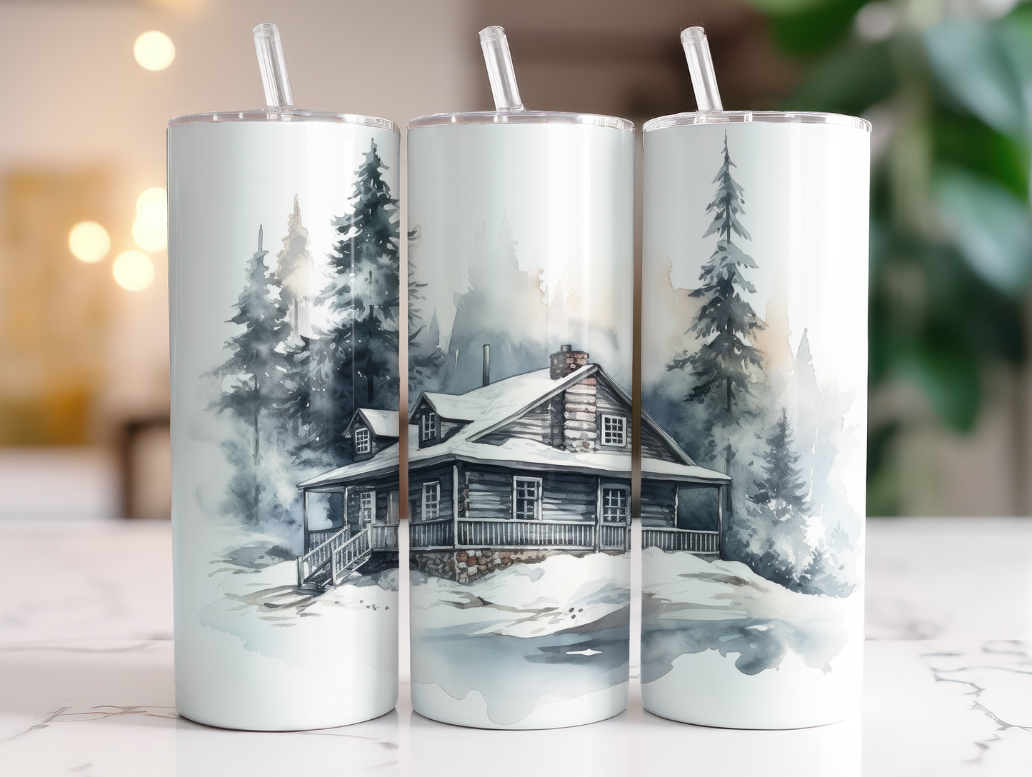 White Winter Cabin - Sublimation or Waterslide Wrap - 20oz and 30oz