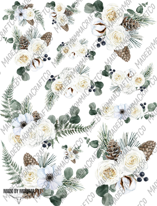 White Winter Floral Sheet - Cheat Clear Waterslide ™ or Sticker Themed Sheet  Elements Sheet