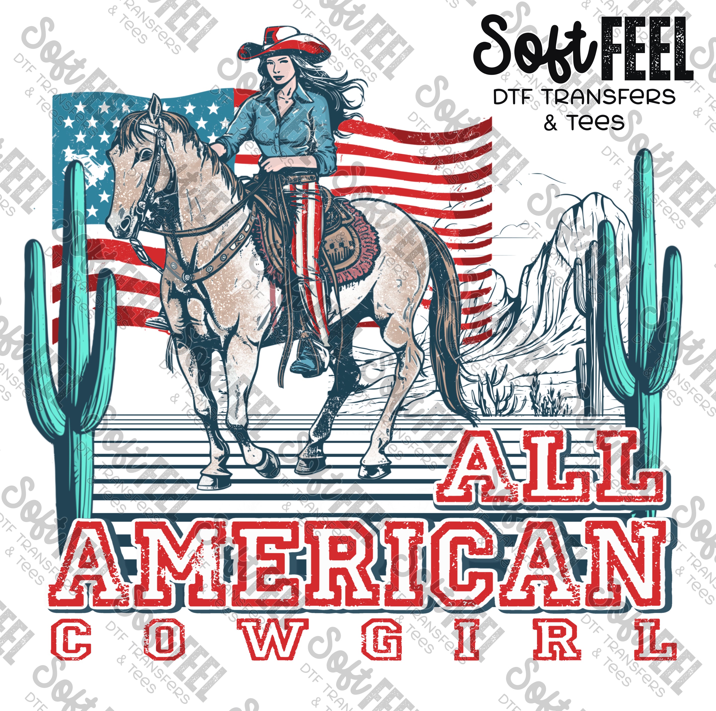 All American Cowgirl - Women&#39;s / Western - Direct To Film Transfer / DTF - Heat Press Clothing Transfer
