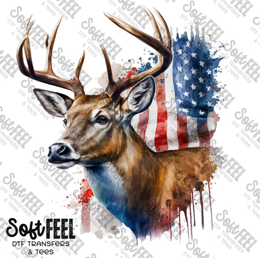 American Flag Buck - Hunting / Patriotic - Direct To Film Transfer / DTF - Heat Press Clothing Transfer