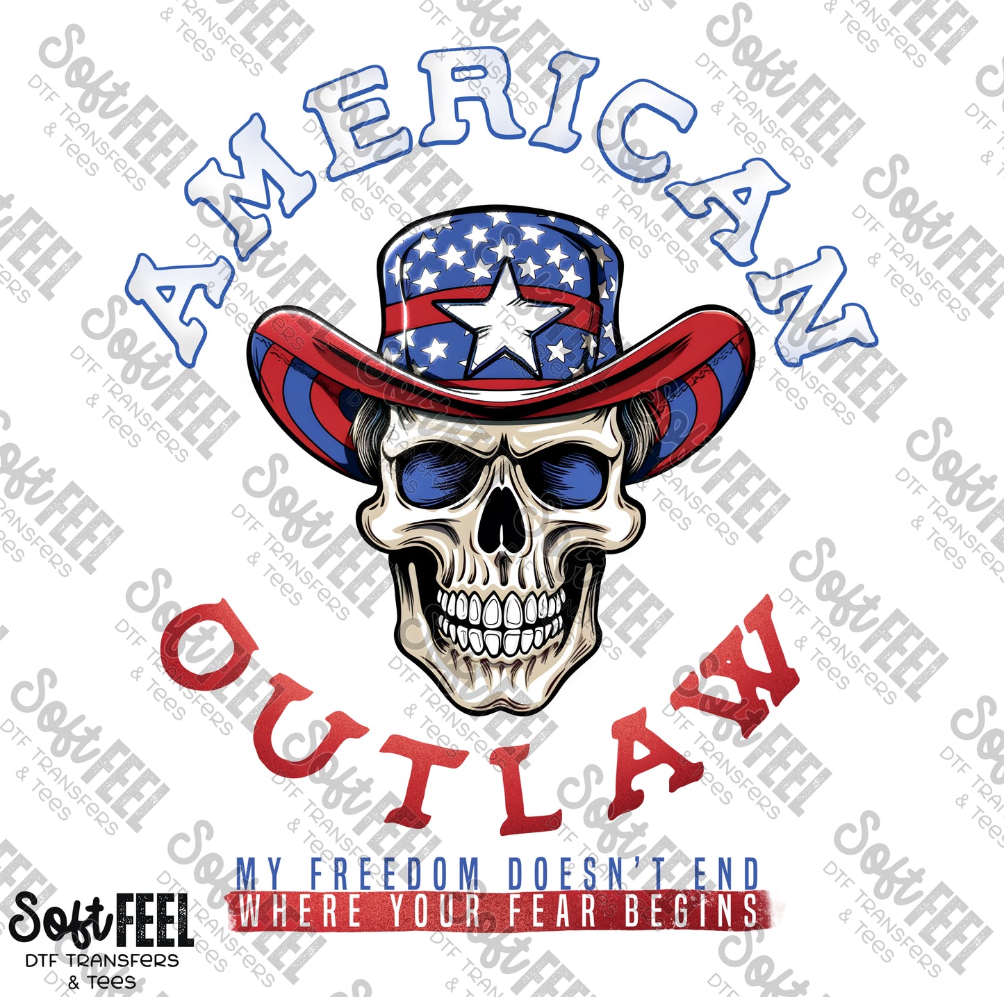 American Outlaw Skull - Men's / Patriotic / Country Western - Direct To Film Transfer / DTF - Heat Press Clothing Transfer