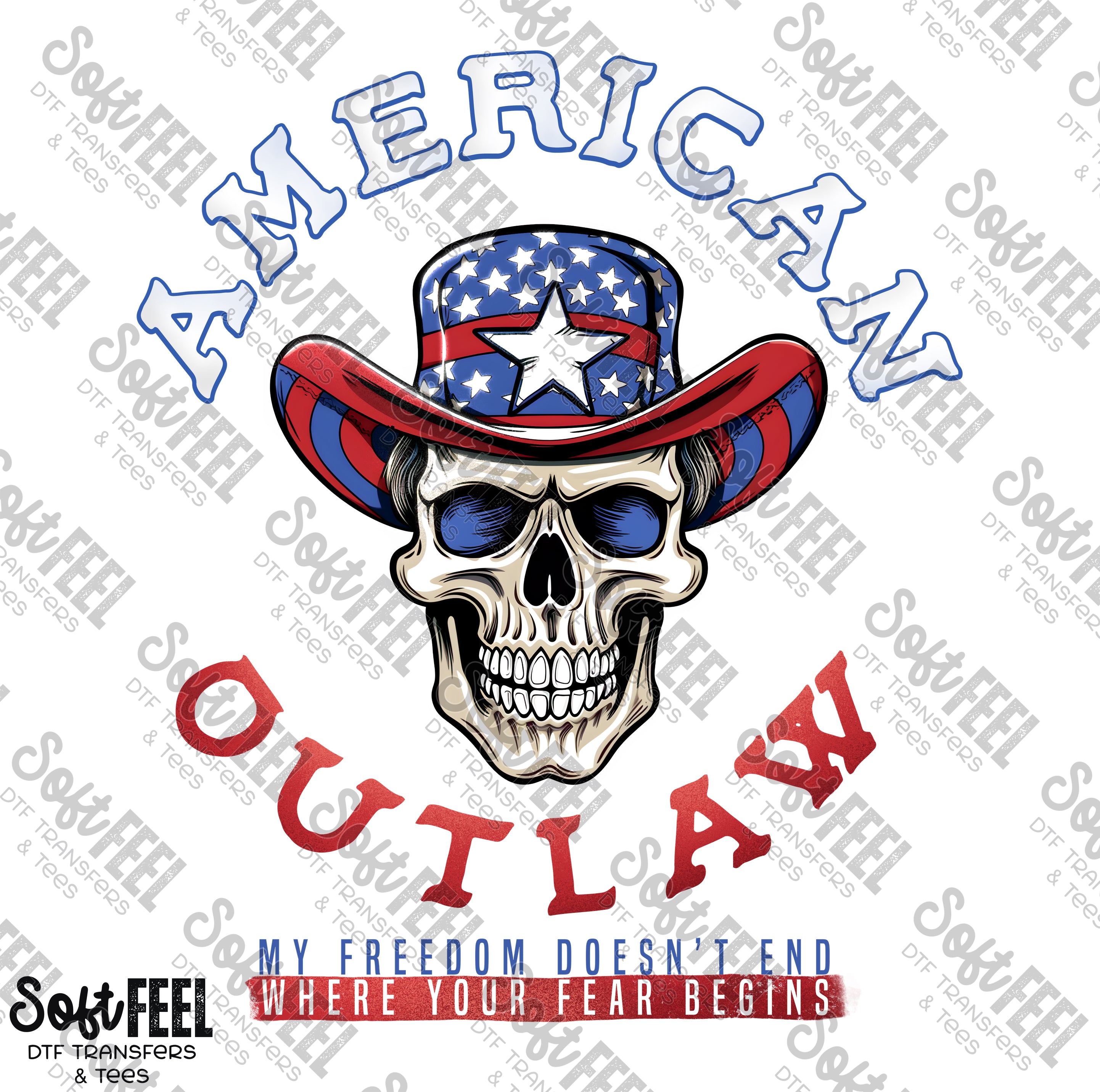 American Outlaw Skull - Men&#39;s / Patriotic / Country Western - Direct To Film Transfer / DTF - Heat Press Clothing Transfer