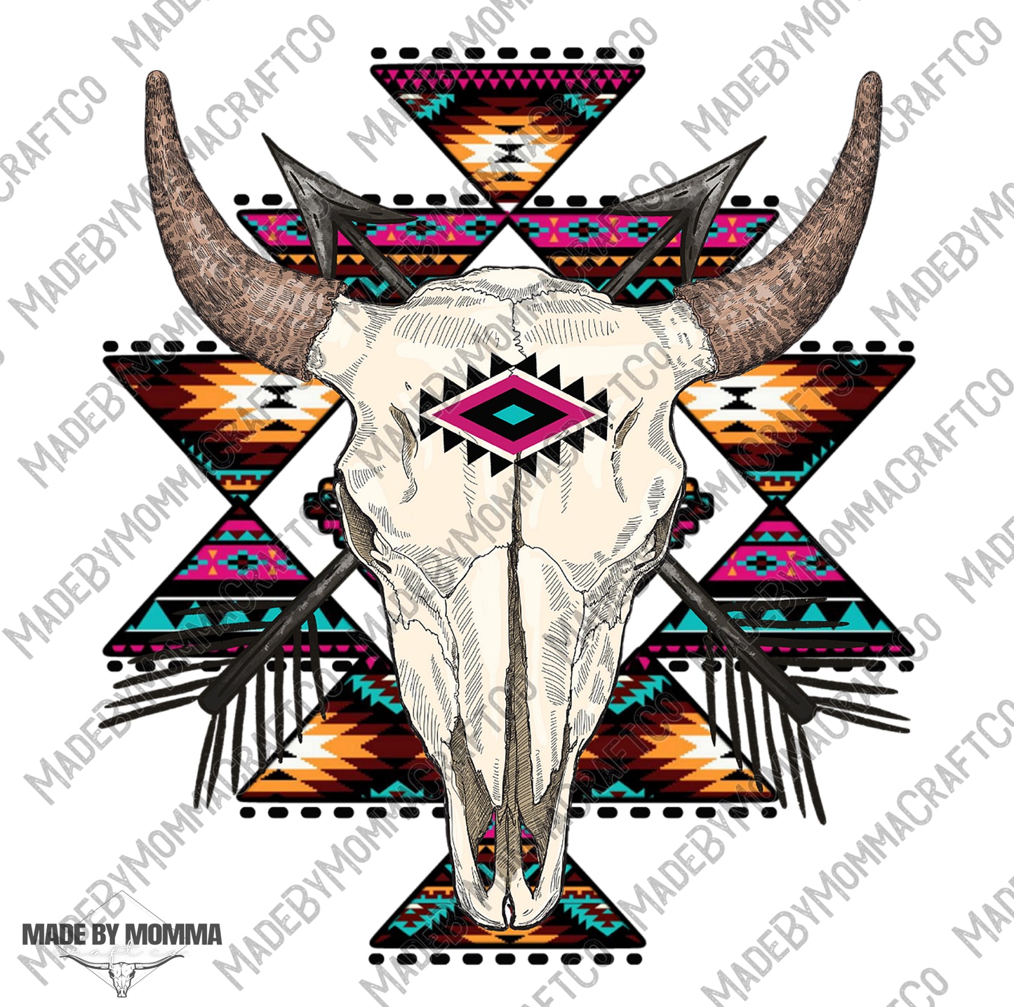 Pink and Teal Aztec Bull Skull - Western - Cheat Clear Waterslide™ or White Cast Sticker