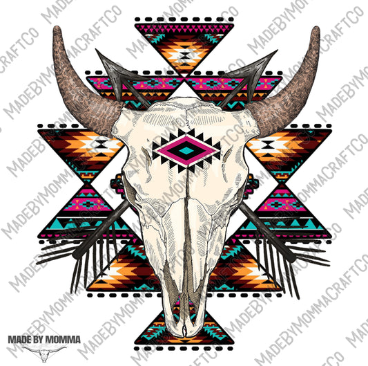 Pink and Teal Aztec Bull Skull - Western - Cheat Clear Waterslide™ or Cheat Clear Sticker Decal