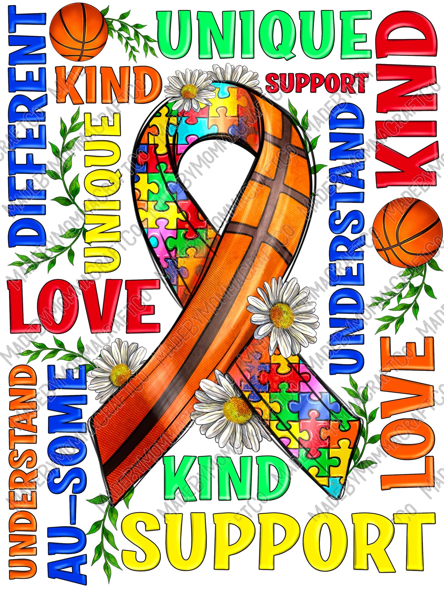 Autism Basketball Ribbon - Autism / Sports - Cheat Clear Waterslide™ or White Cast Sticker