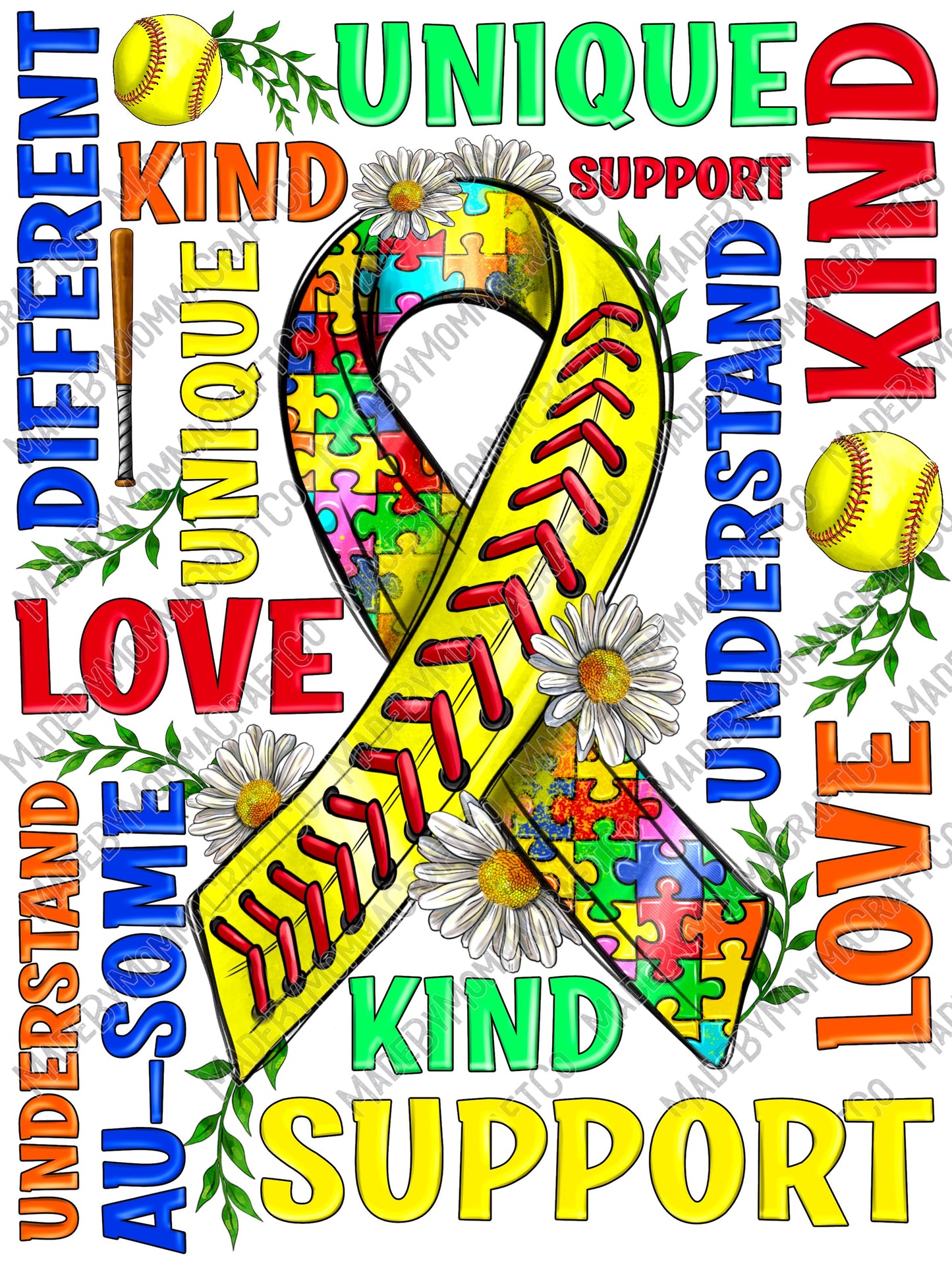 Autism Softball Ribbon - Autism / Sports - Cheat Clear Waterslide™ or White Cast Sticker