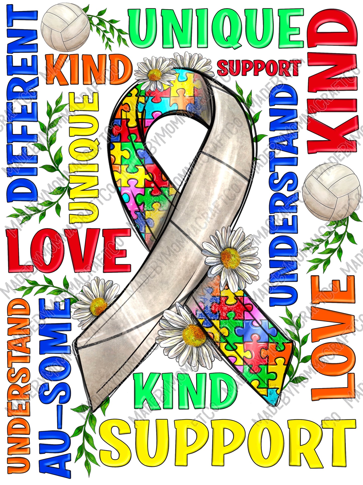 Autism Volleyball  Ribbon - Autism / Sports - Cheat Clear Waterslide™ or White Cast Sticker