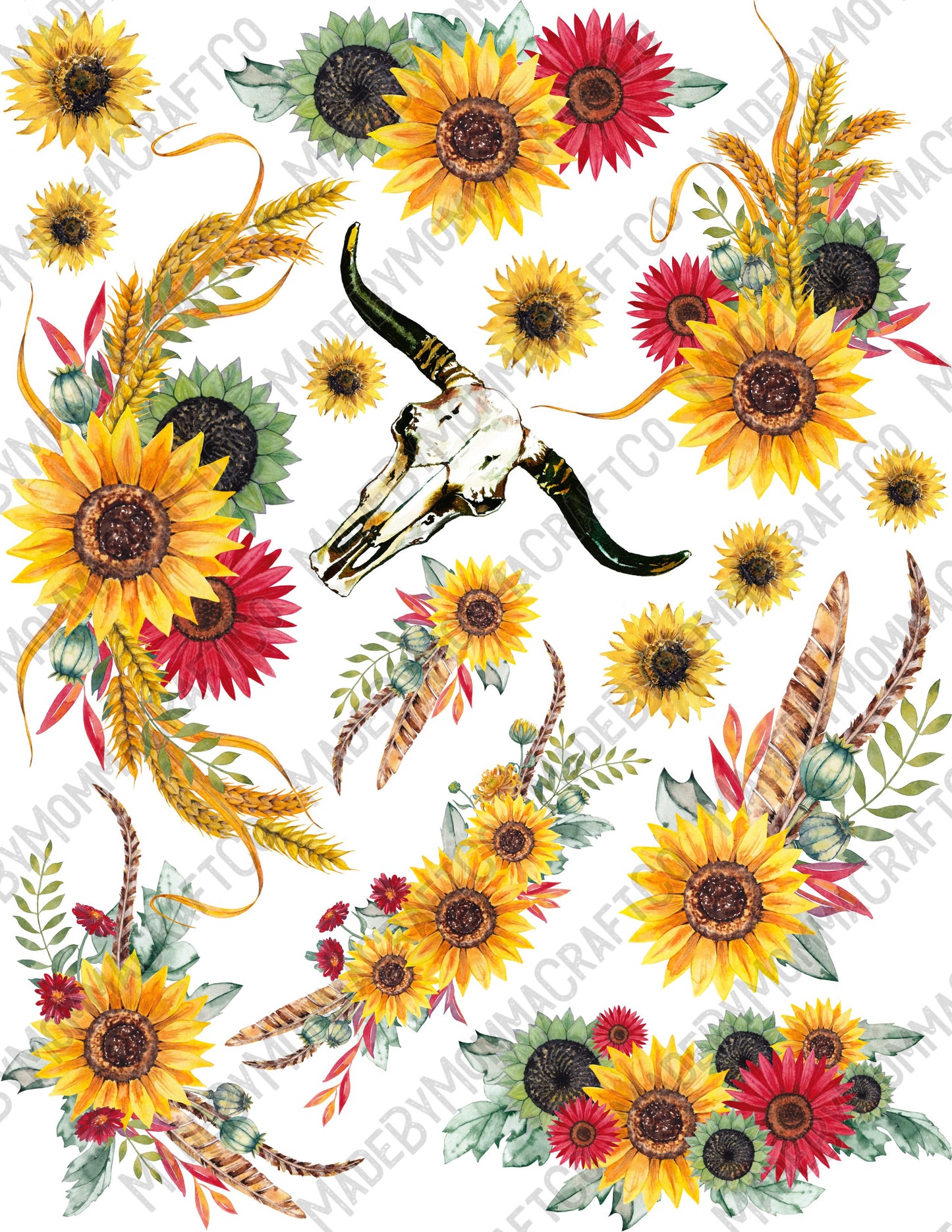 Bull skull and sunflower floral arrangements sheet Cheat Clear Waterslide ™ or Sticker Themed Sheet  Elements Sheet