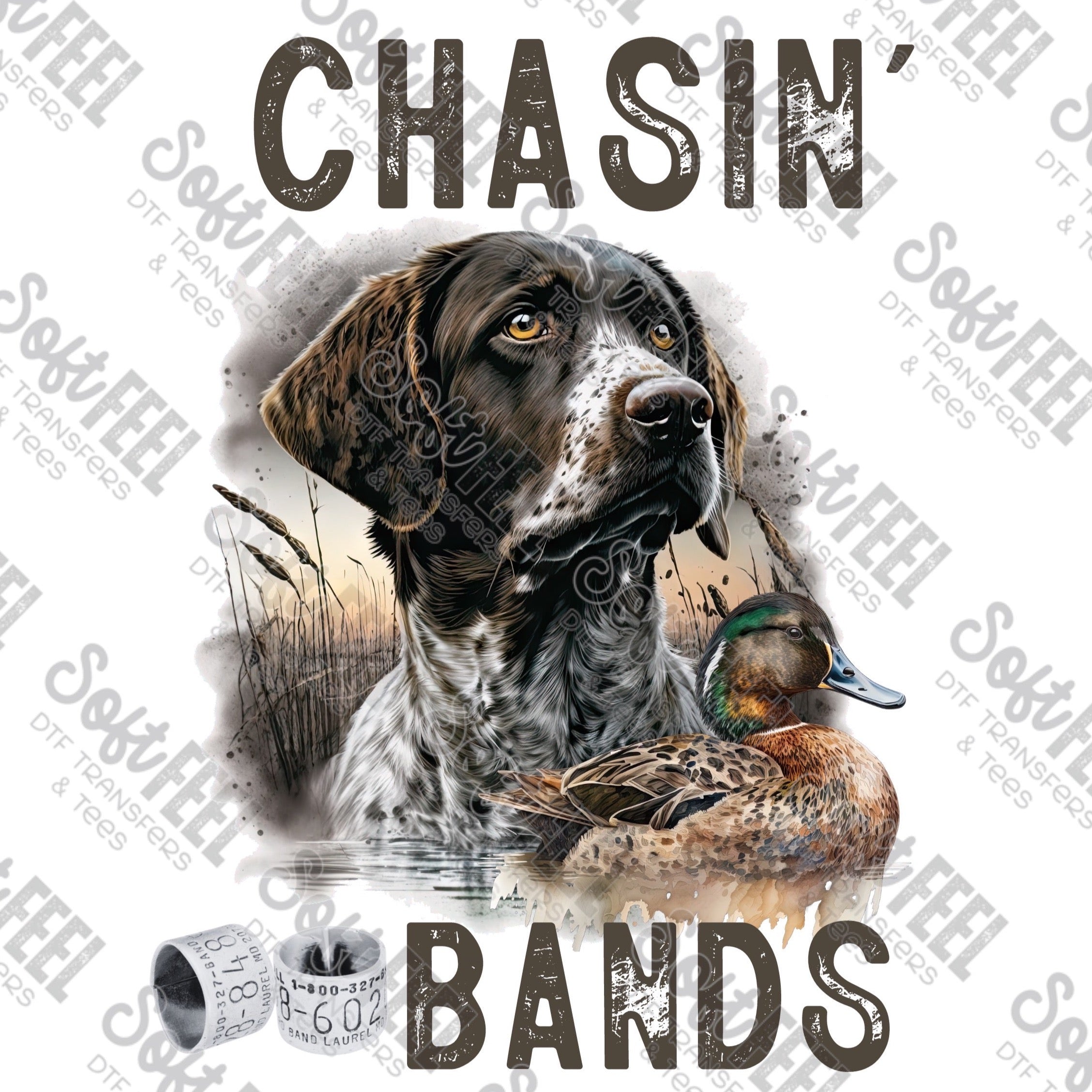 Chasin&#39; Bands Bird Dog Duck Hunting - Men&#39;s / Hunting / Western / Animals - Direct To Film Transfer / DTF - Heat Press Clothing Transfer