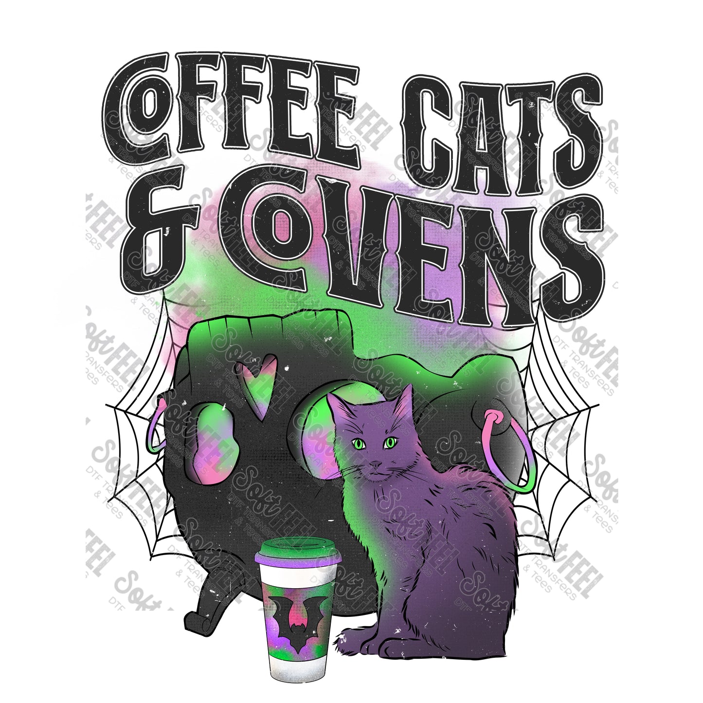 Coffee Cats and Covens - Halloween horror / Animals - Direct To Film Transfer / DTF - Heat Press Clothing Transfer