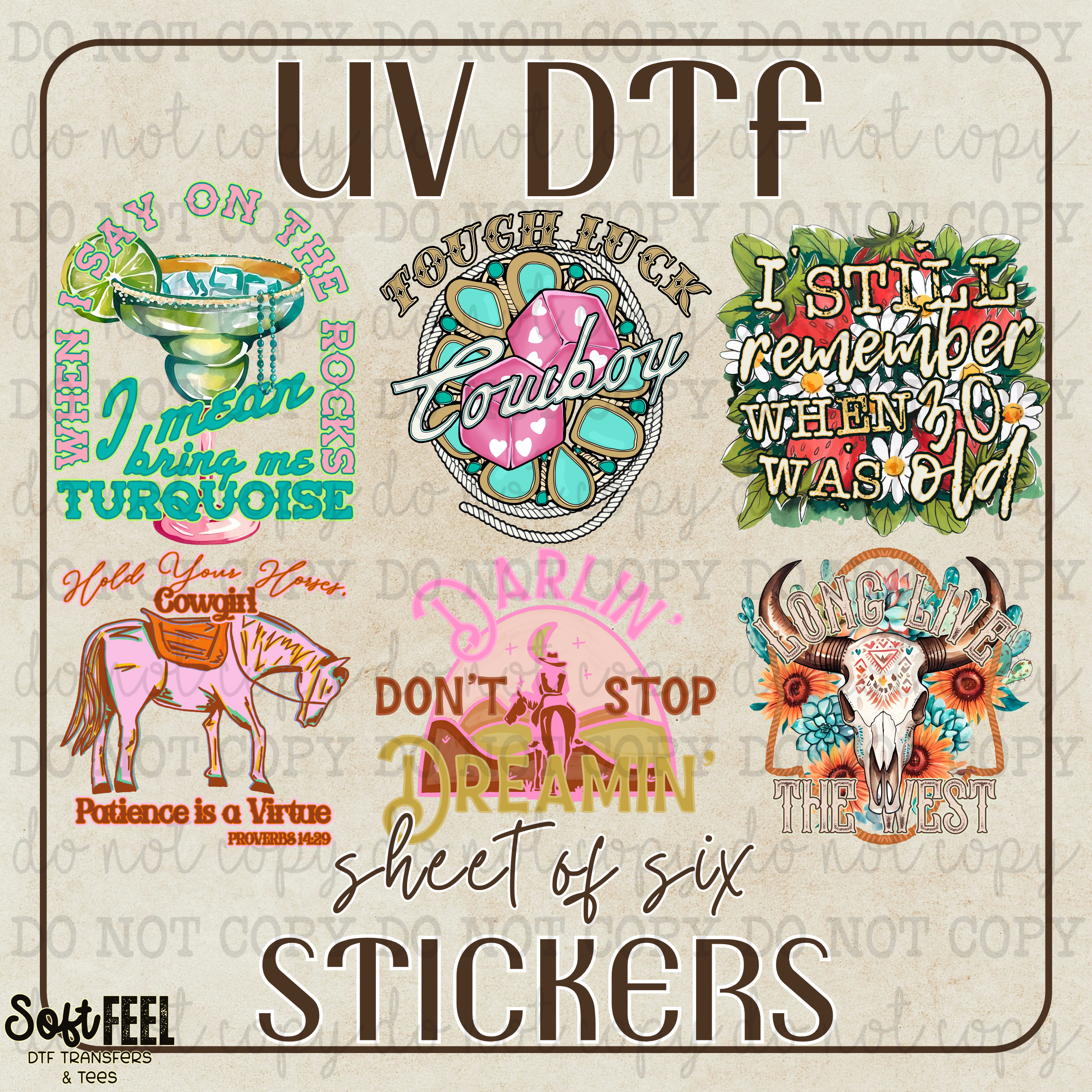 Cowgirl Country Western Sheet of UVDTF Sticker Decals