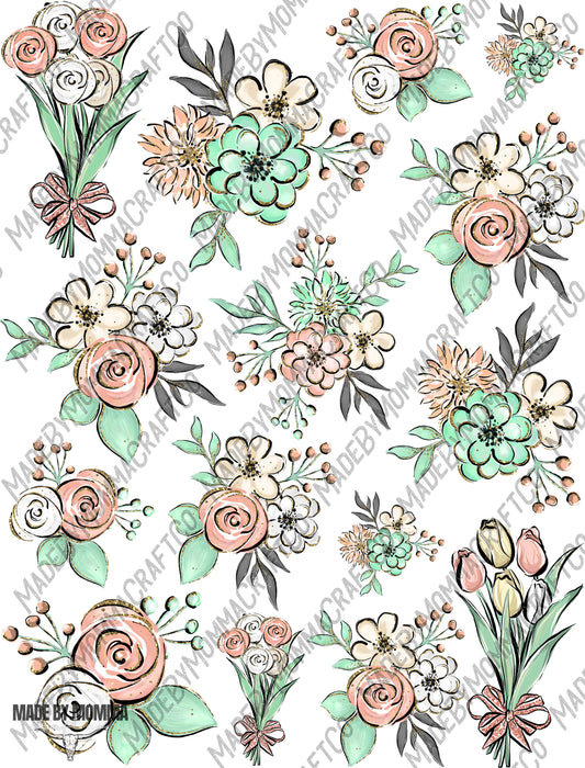Cute Teal And Pink Florals - Cheat Clear Waterslide ™ or Sticker Themed Sheet  Elements Sheet