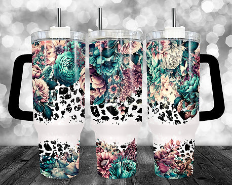 Cow Floral - 40oz Handle Tumbler - Sublimation or Waterslide Wrap