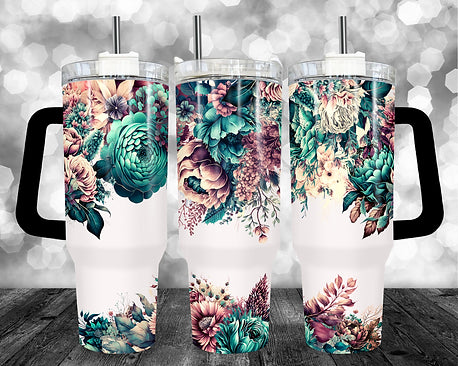 Teal Floral - 40oz Handle Tumbler - Sublimation or Waterslide Wrap