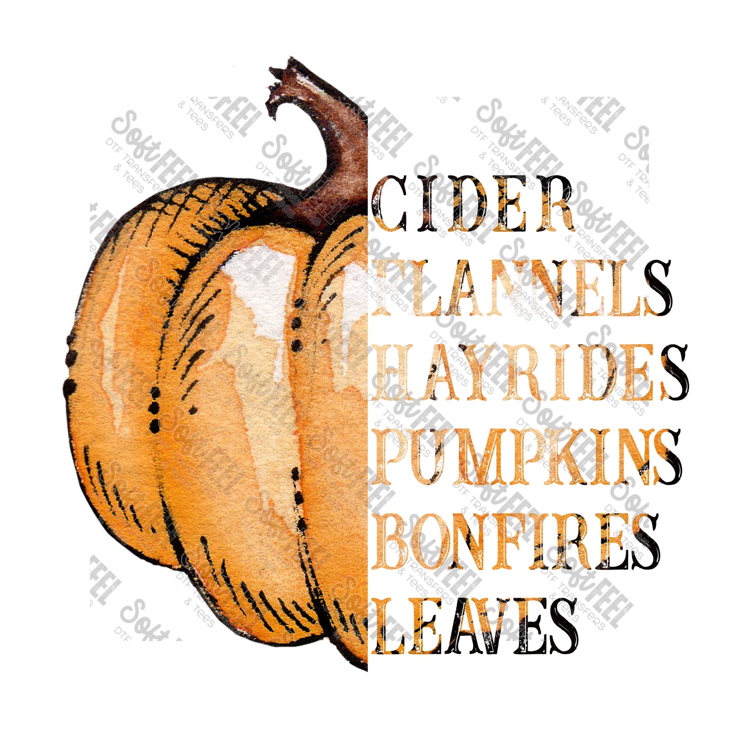 Fall Words Cider Flannels Hayrides Pumpkins Bonfires Leaves - Fall - Direct To Film Transfer / DTF - Heat Press Clothing Transfer