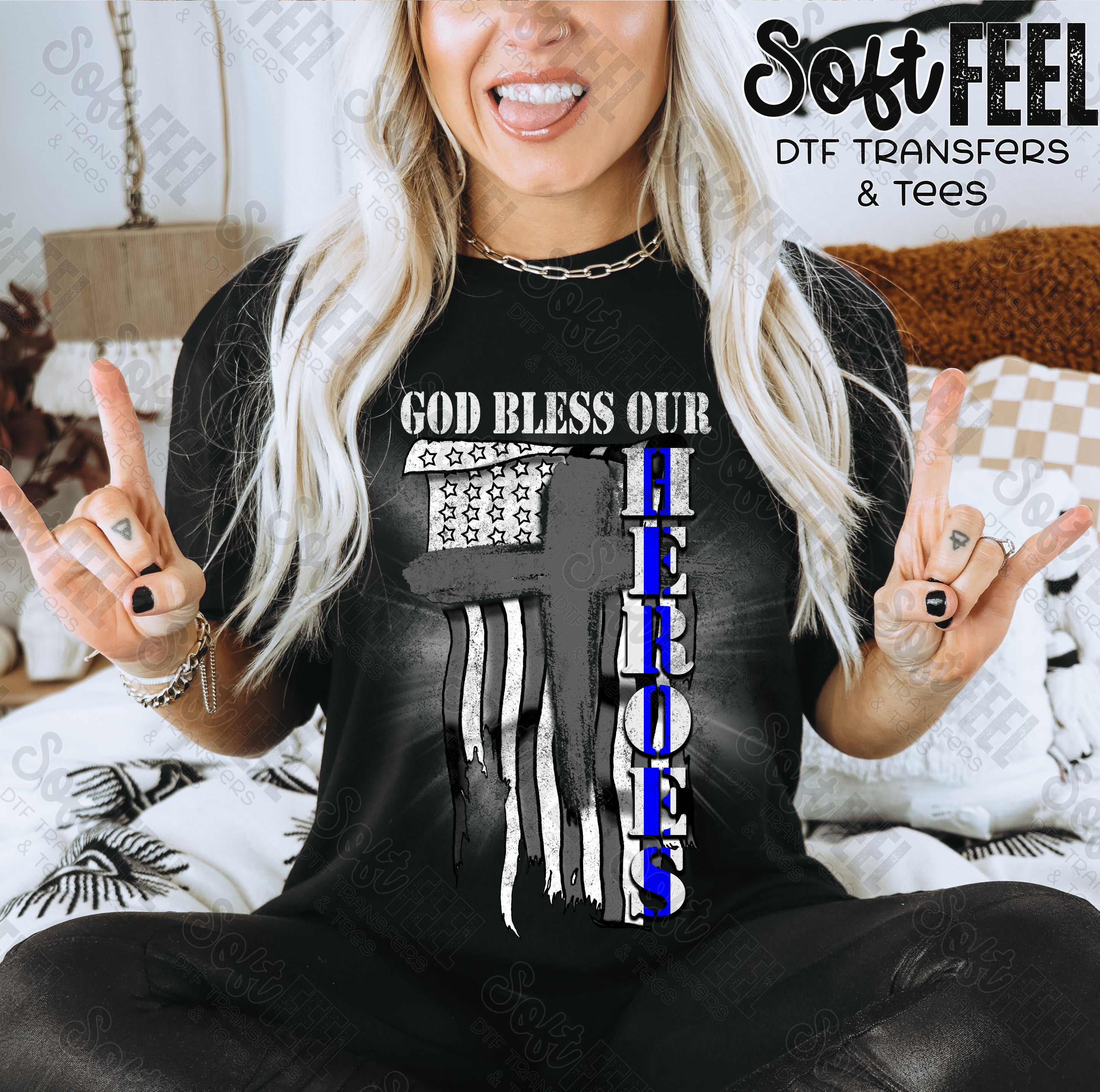 God Bless Our Hero&#39;s Blue Line Police  - Public Service / Men&#39;s / Women&#39;s - Direct To Film Transfer / DTF - Heat Press Clothing Transfer