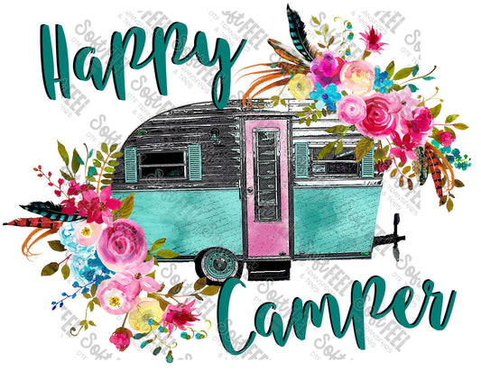 Happy Camper With Flowers - Hippie Gypsy - Direct To Film Transfer / DTF - Heat Press Clothing Transfer
