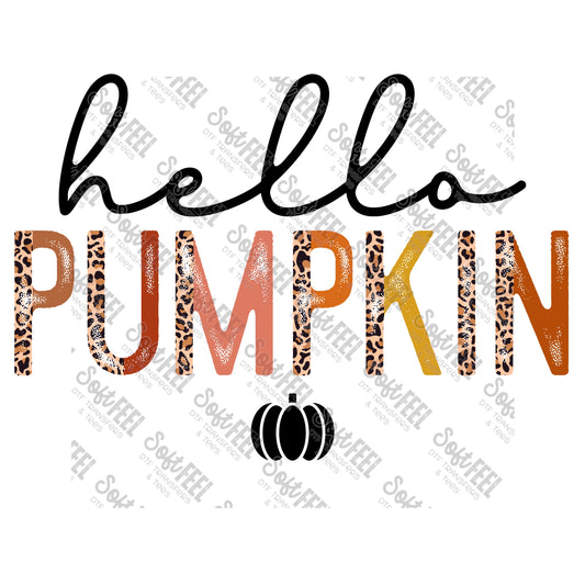 Hello Pumpkin Half Leopard - Fall - Direct To Film Transfer / DTF - Heat Press Clothing Transfer