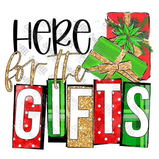 Here For The Gifts Red Green - Christmas - Direct To Film Transfer / DTF - Heat Press Clothing Transfer