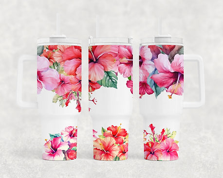 Hibiscus Floral - 40oz Handle Tumbler - Sublimation or Waterslide Wrap