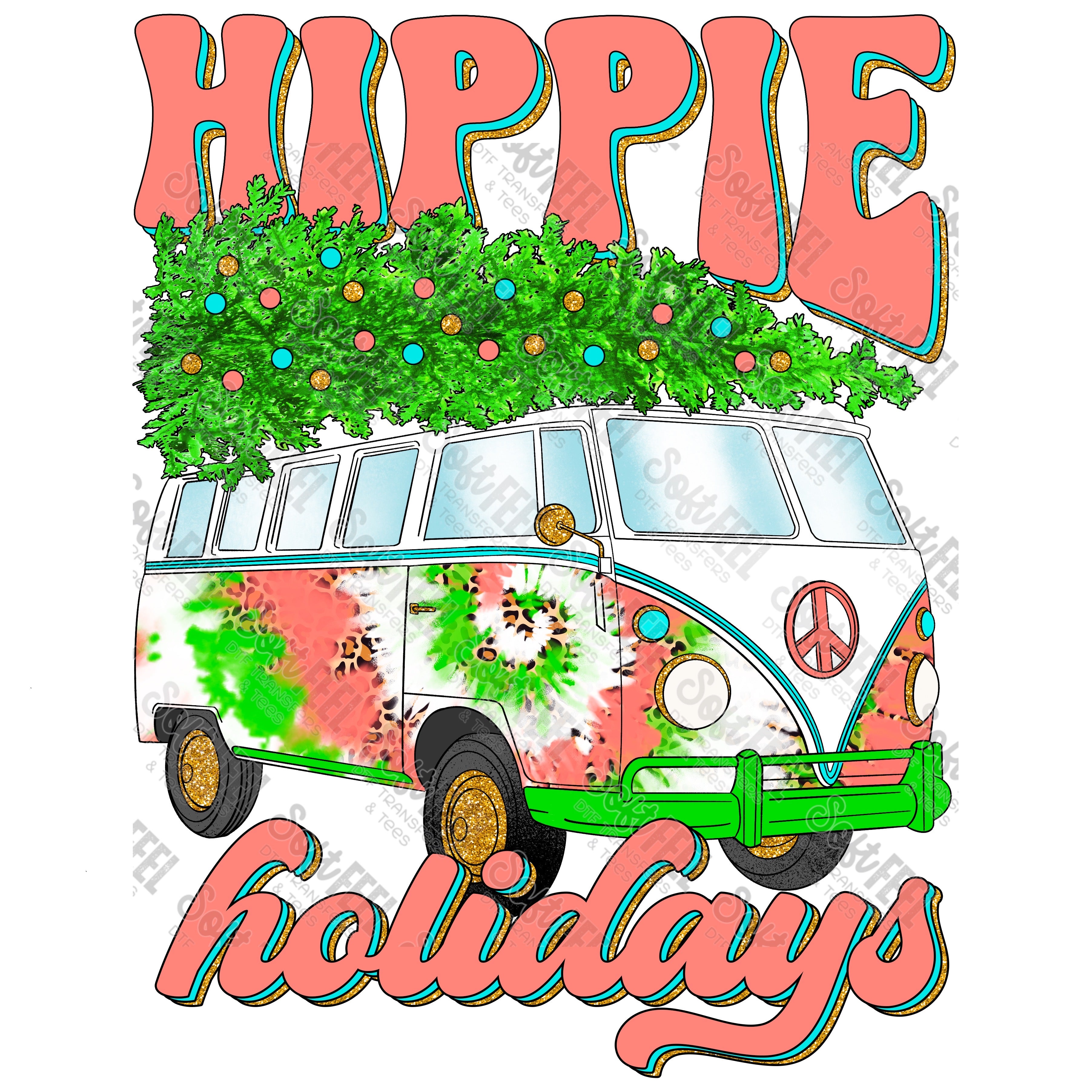 Hippie Holiday Bus Pink - Hippie / Christmas - Direct To Film Transfer / DTF - Heat Press Clothing Transfer