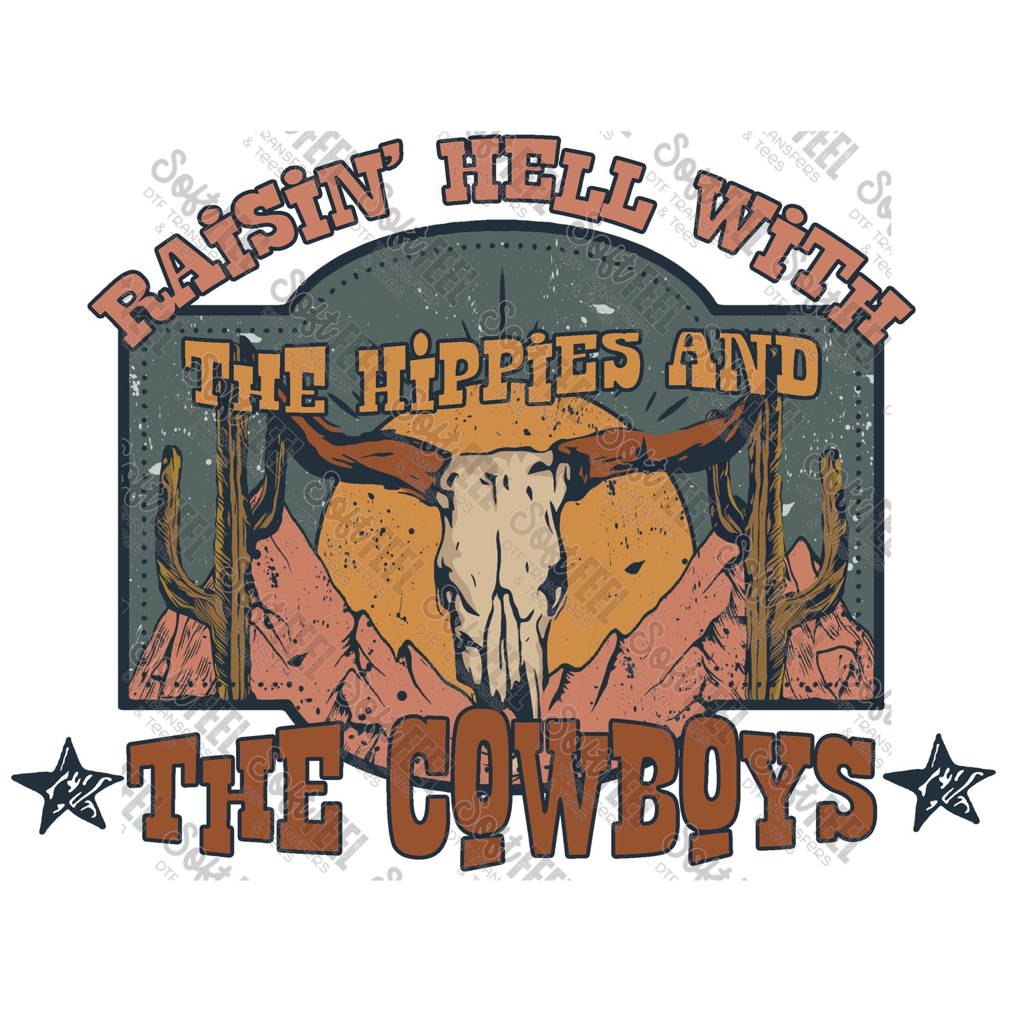 Hippies And The Cowboys Steer Skull - Country Western / Hippie Gypsy - Direct To Film Transfer / DTF - Heat Press Clothing Transfer