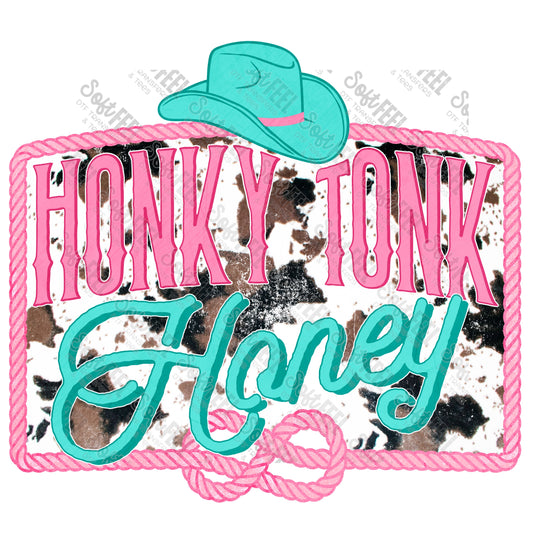 Honky Tonk Honey Cow - Country Western / Retro / Women's - Direct To Film Transfer / DTF - Heat Press Clothing Transfer