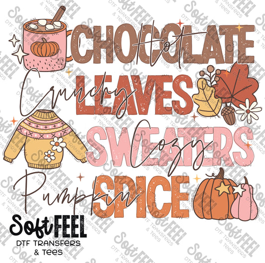 Hot Chocolate Crunchy Leaves Cozy Sweaters Pumpkin Spice - Fall - Direct To Film Transfer / DTF - Heat Press Clothing Transfer
