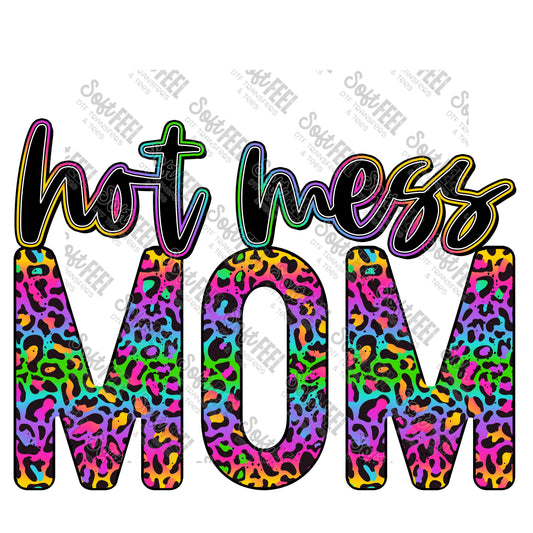 Hot Mess Mom Rainbow Leopard - Women's / Humor / Retro - Direct To Film Transfer / DTF - Heat Press Clothing Transfer