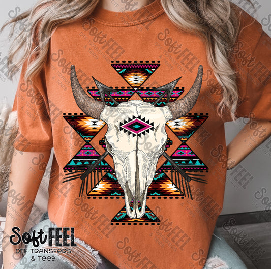 Pink and Teal Aztec Bull Skull - Country Western - Direct To Film Transfer / DTF - Heat Press Clothing Transfer