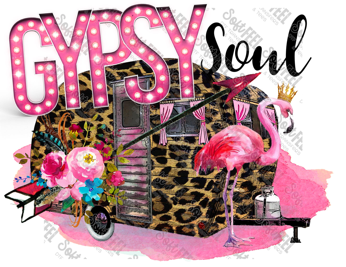 Leopard Floral Trailer Pink Flamingo Gypsy Soul - Hippie Gypsy / Women's - Direct To Film Transfer / DTF - Heat Press Clothing Transfer