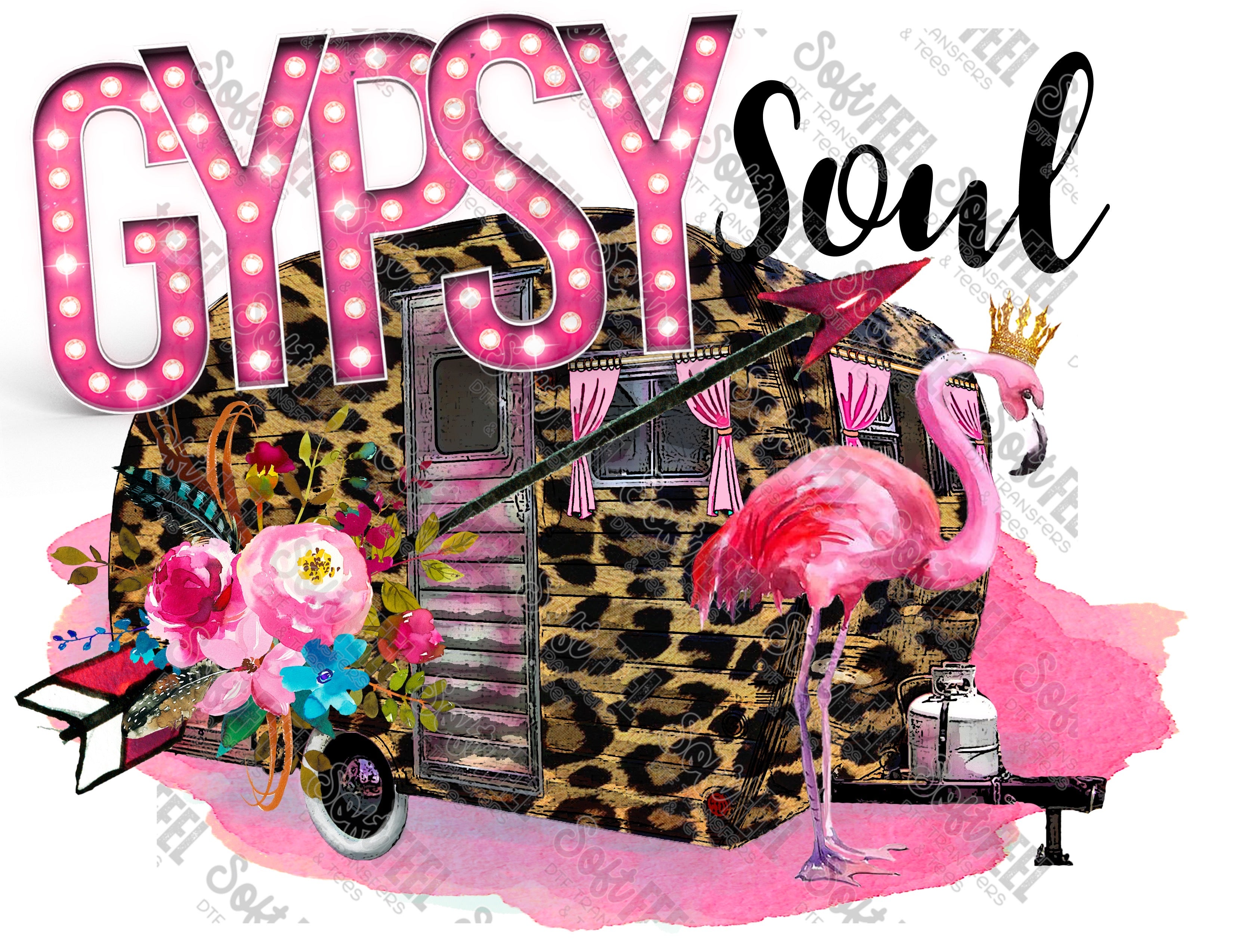 Leopard Floral Trailer Pink Flamingo Gypsy Soul - Hippie Gypsy / Women&#39;s - Direct To Film Transfer / DTF - Heat Press Clothing Transfer