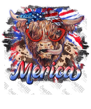 Merica retro highland cow - Women&#39;s / Patriotic / Country Western - Direct To Film Transfer / DTF - Heat Press Clothing Transfer