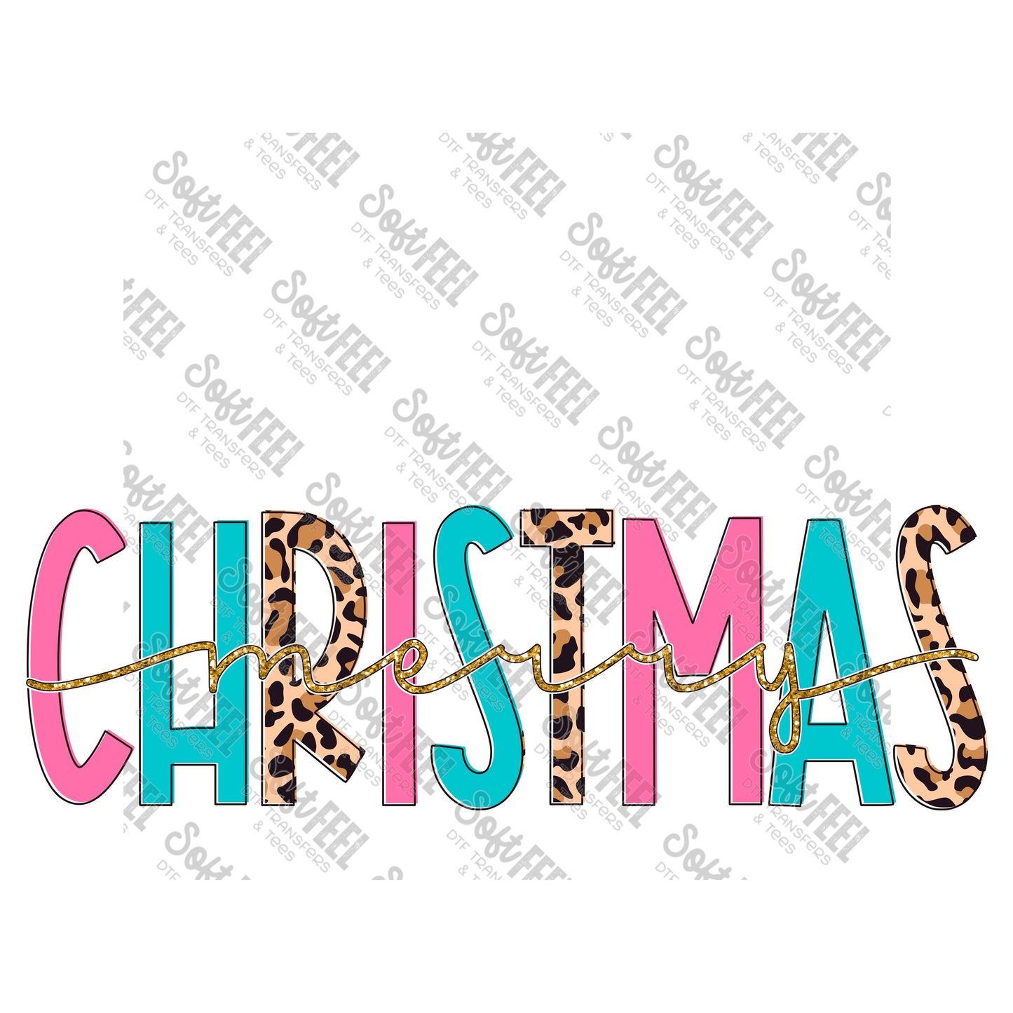 Merry Christmas Pink Blue Leopard - Christmas - Direct To Film Transfer / DTF - Heat Press Clothing Transfer