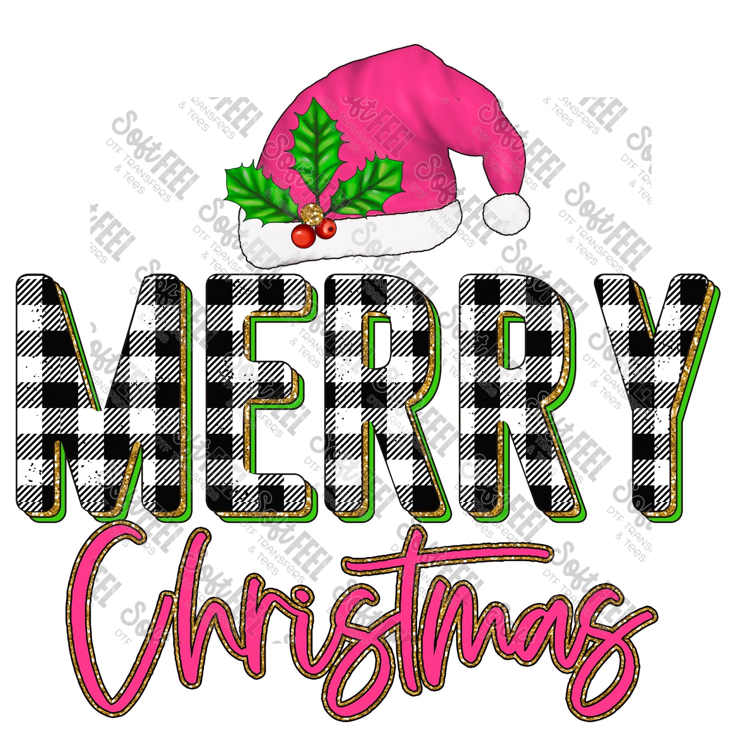 Merry Christmas Pink Plaid Glitter - Christmas - Direct To Film Transfer / DTF - Heat Press Clothing Transfer