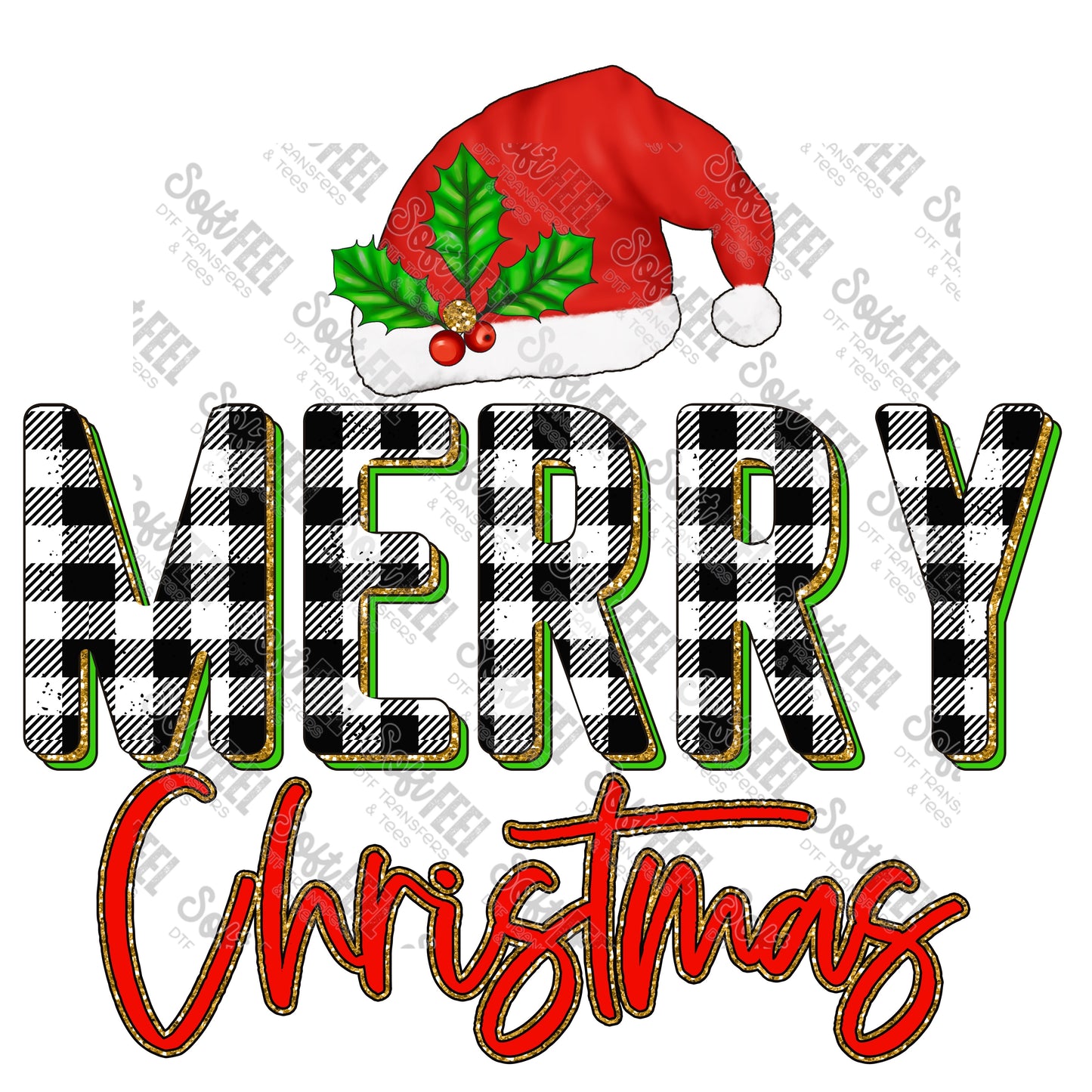 Merry Christmas Plaid Glitter - Christmas - Direct To Film Transfer / DTF - Heat Press Clothing Transfer