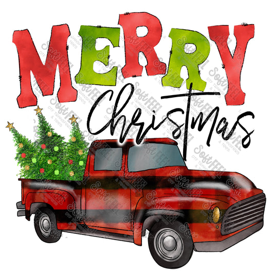 Merry Christmas Plaid Truck - Christmas - Direct To Film Transfer / DTF - Heat Press Clothing Transfer