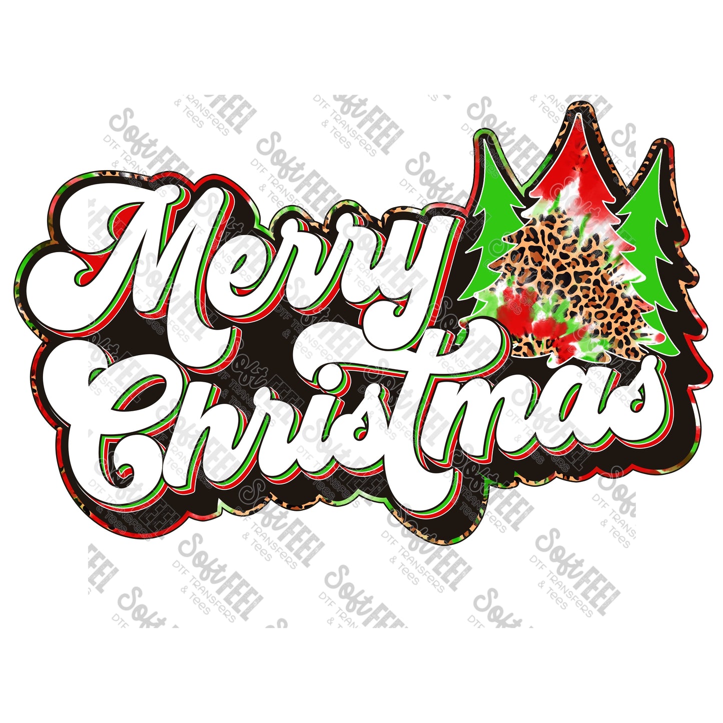 Merry Christmas Retro Tie Dye Leopard Trees - Christmas / Retro - Direct To Film Transfer / DTF - Heat Press Clothing Transfer