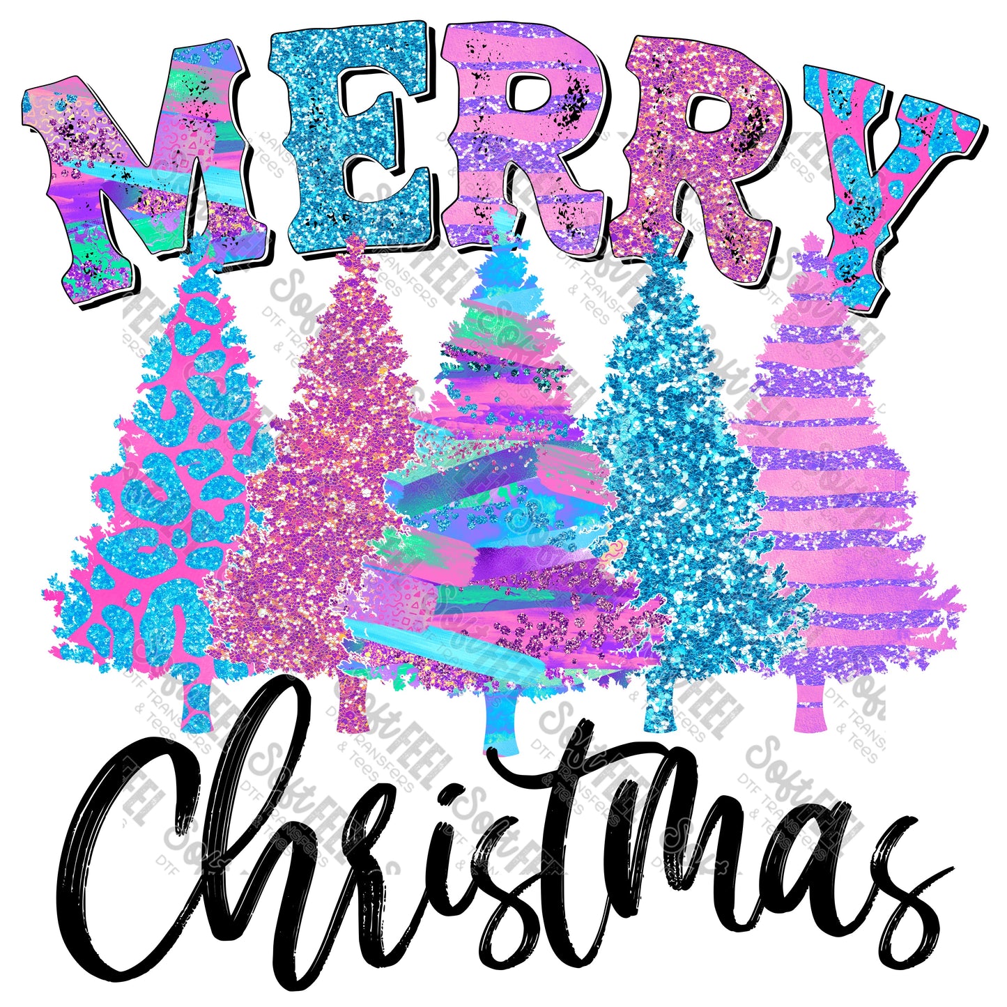 Merry Christmas Trees Colorful Glitter - Christmas - Direct To Film Transfer / DTF - Heat Press Clothing Transfer