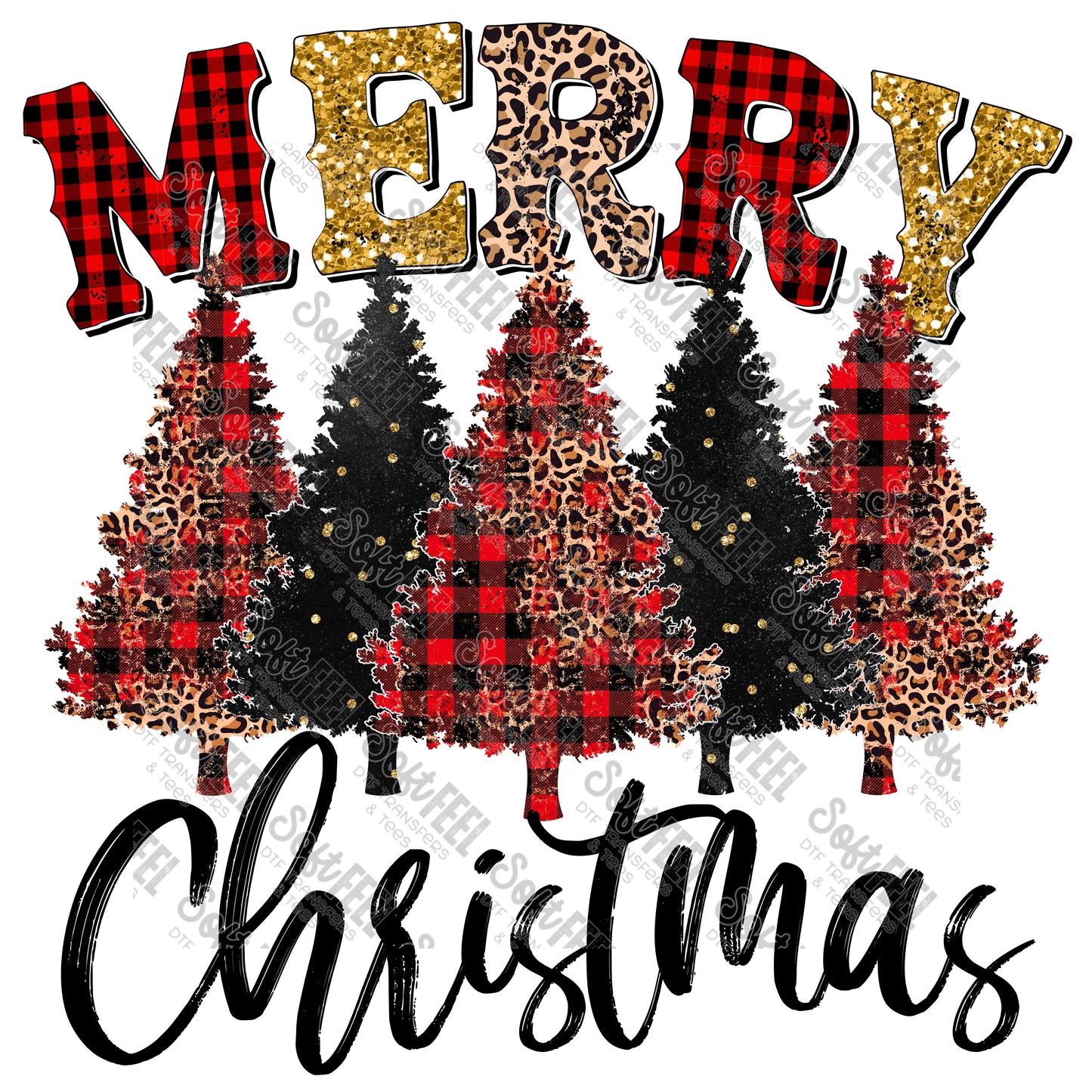 Merry Christmas Trees Grunge Leopard Plaid - Christmas - Direct To Film Transfer / DTF - Heat Press Clothing Transfer