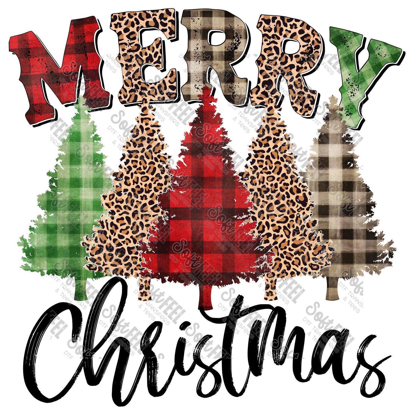 Merry Christmas Trees Mixed Plaid - Christmas - Direct To Film Transfer / DTF - Heat Press Clothing Transfer