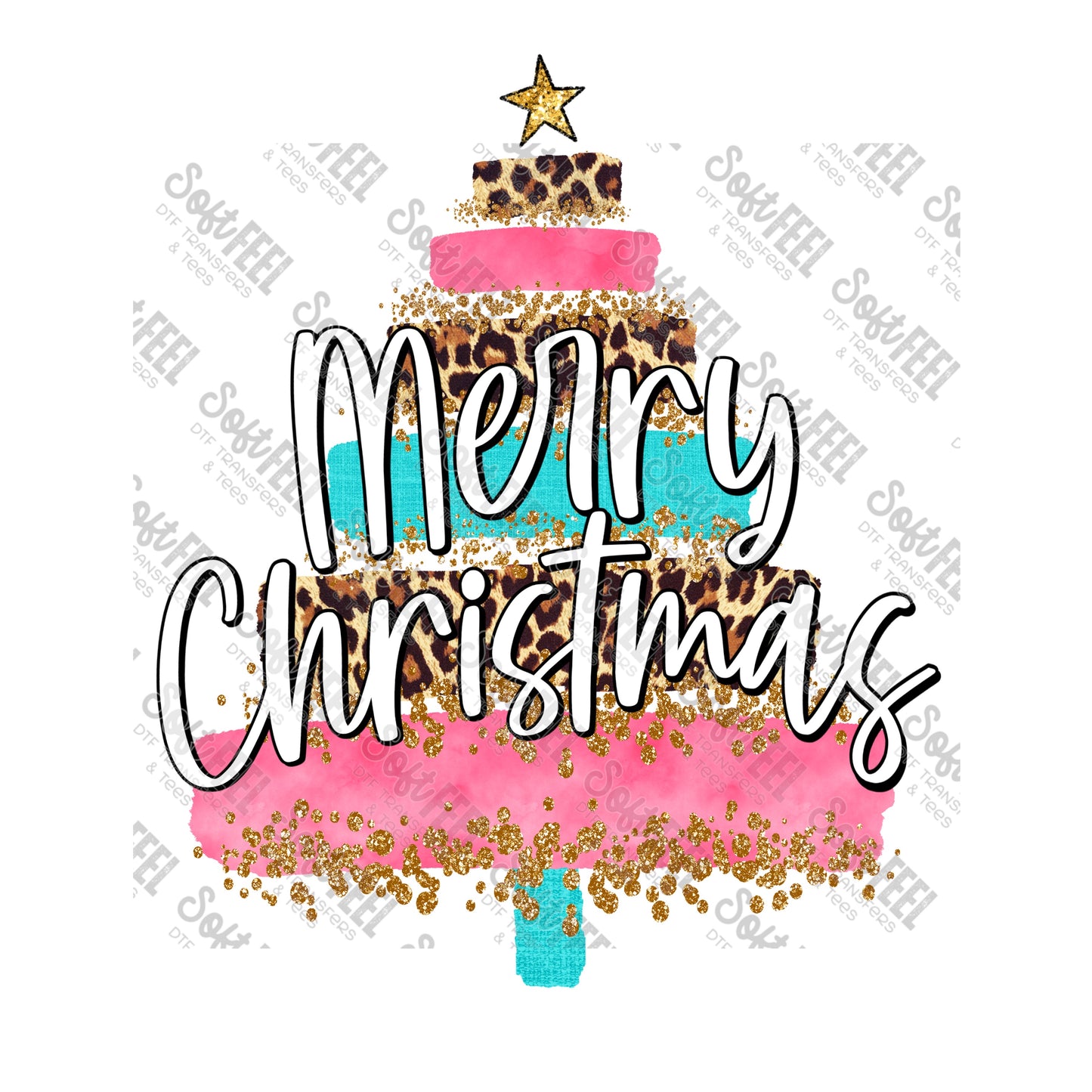 Merry Christmas Trees Pink Blue Leopard - Christmas - Direct To Film Transfer / DTF - Heat Press Clothing Transfer