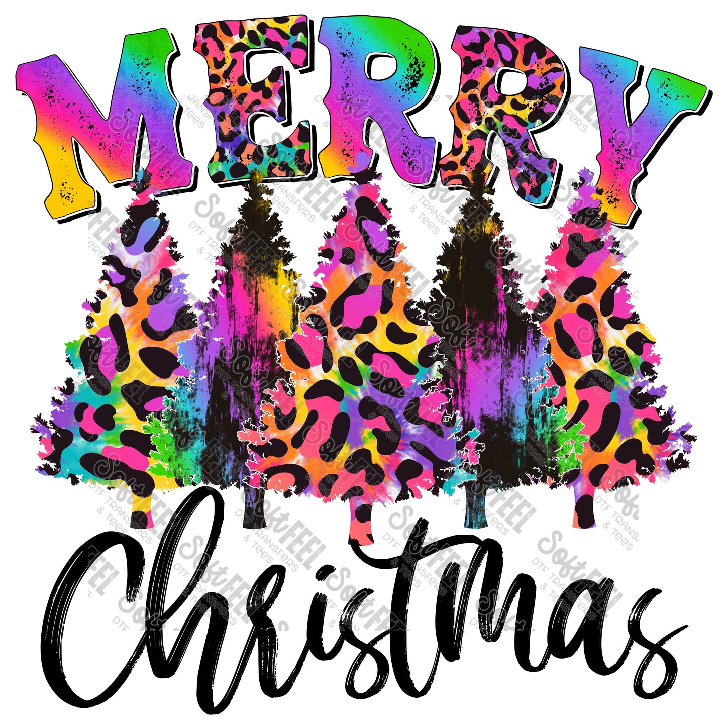 Merry Christmas Trees Rainbow Leopard - Christmas / Retro - Direct To Film Transfer / DTF - Heat Press Clothing Transfer