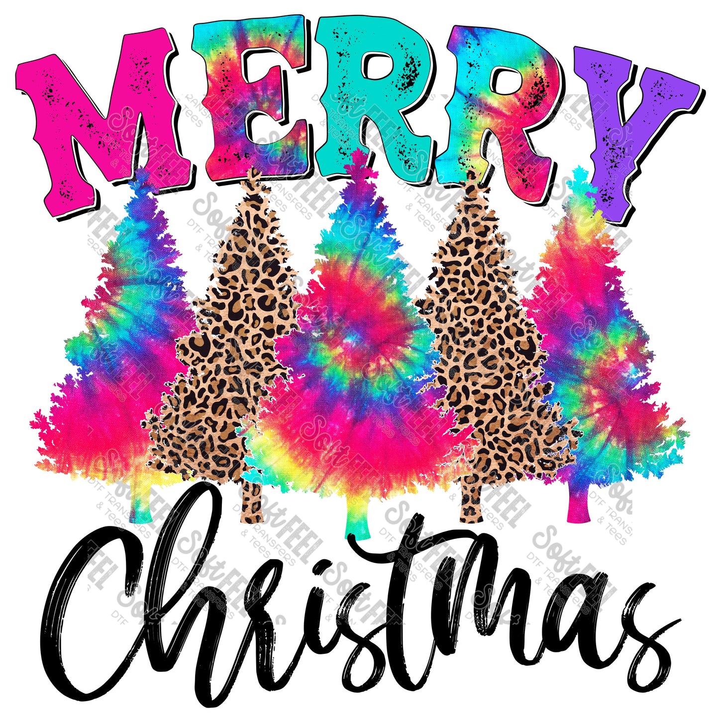 Merry Christmas Trees Rainbow Tie Dye - Christmas / Retro - Direct To Film Transfer / DTF - Heat Press Clothing Transfer