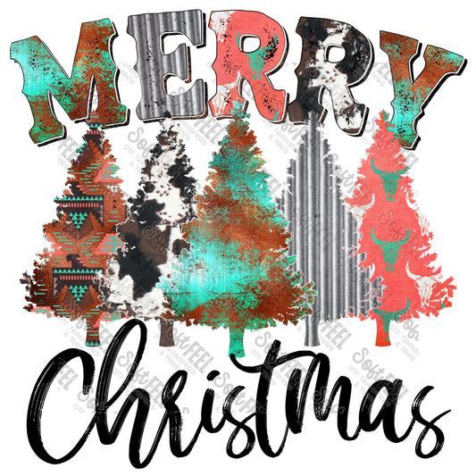 Merry Christmas Trees Rustic - Christmas / Country Western - Direct To Film Transfer / DTF - Heat Press Clothing Transfer