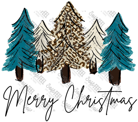 Merry Christmas Trees Teal - Christmas - Direct To Film Transfer / DTF - Heat Press Clothing Transfer